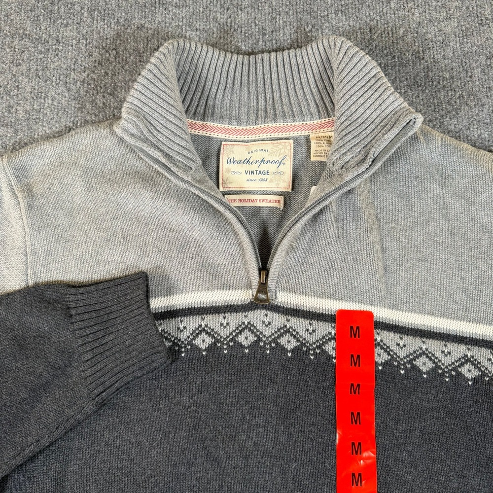 Weatherproof Vintage Mens Gray Fair Isle Quarter Zip Holiday Sweater M NWT #3530